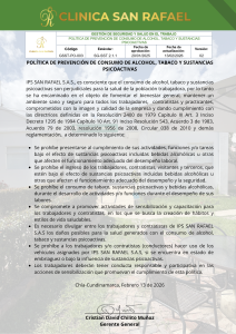 Política Prevención Consumo de Alcohol,  Tabaco y Sustancias Psicoactivas